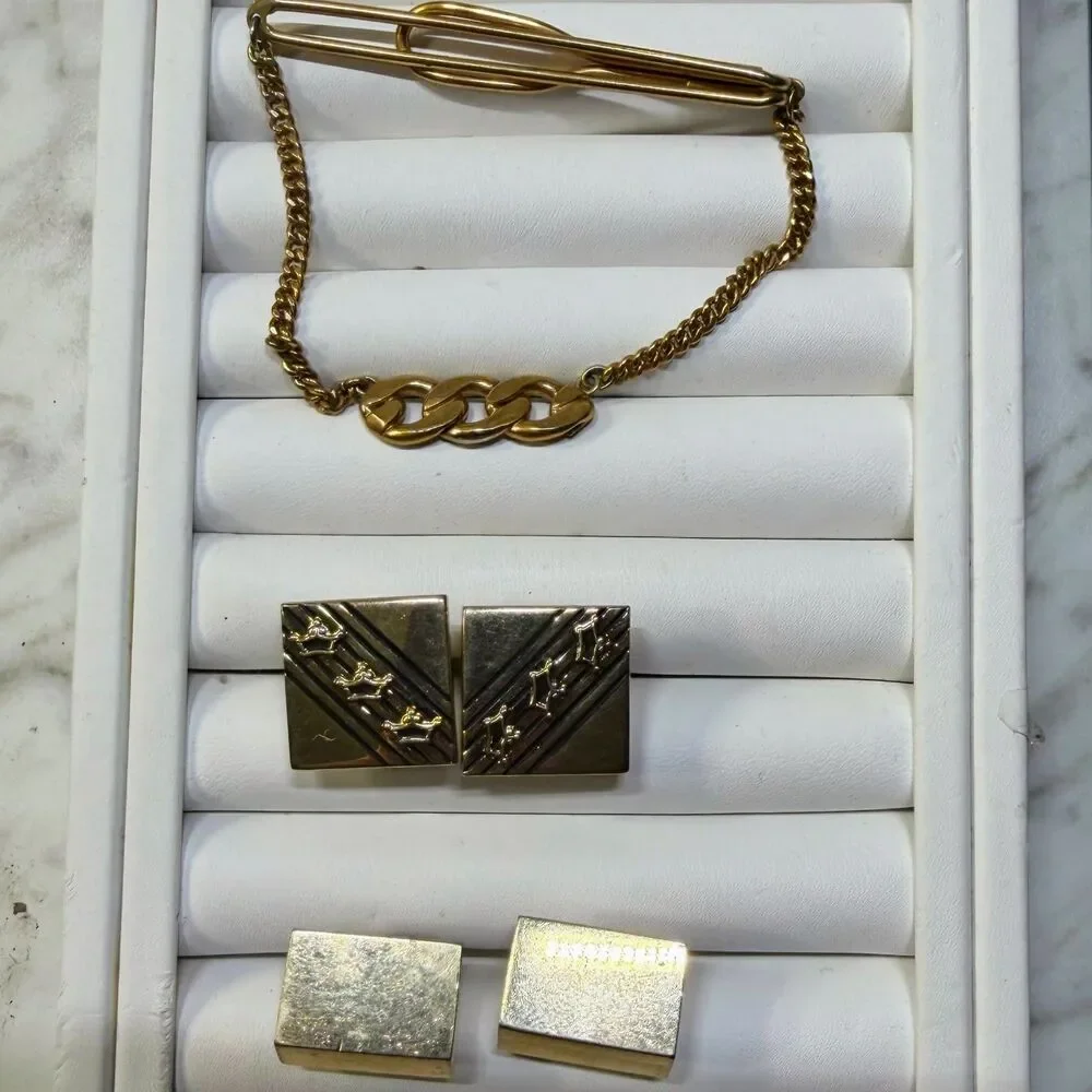 Vintage Swank Gold-Tone Mens Cufflinks & Tie Chain Bar Lot 2 Pairs + Tie Bar